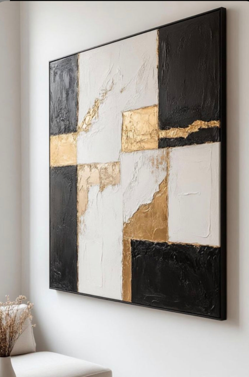 Large Hand-Textured Abstract Oil Painting in Gold, Black, and White