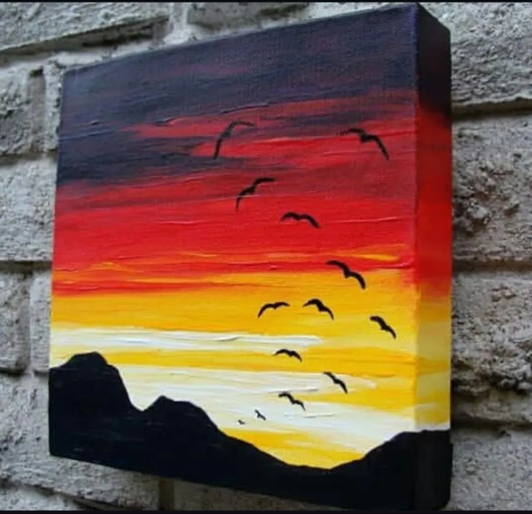 Original Sunset Canvas Painting – Silhouette Mountain & Birds Art